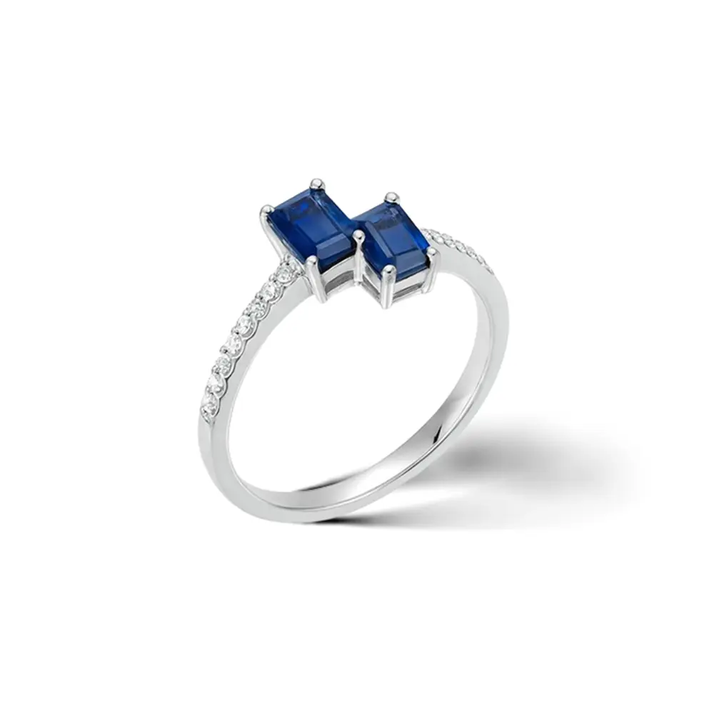 Twin Blue Sapphire Ring with Diamond Band